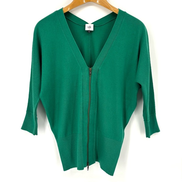 Cabi Banner Sweater # 5142 Emerald Green Zipper Front Double V-Neck, Medium - Picture 10 of 16